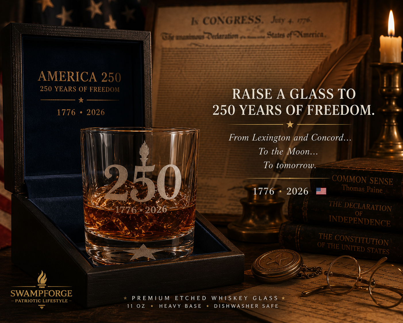 1776–2026 Etched Whiskey Glass | 250 Years of American Independence Rocks Glass