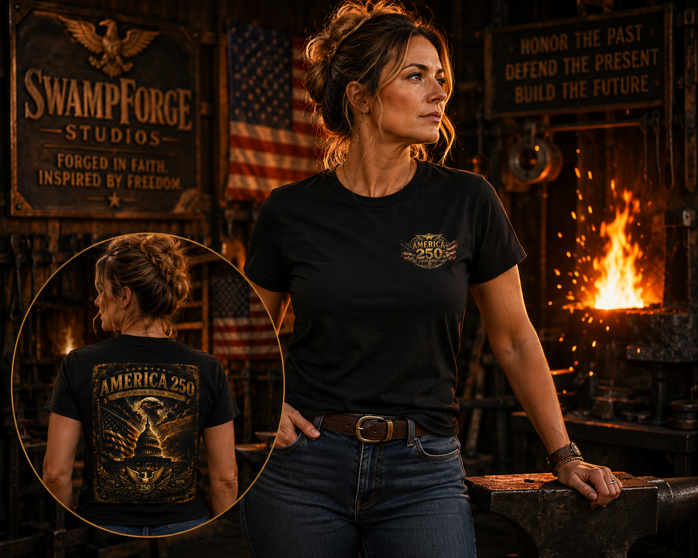 America 250 Women's Patriotic T-Shirt | Vintage Americana Eagle & Capitol Graphic Tee | 1776–2026 Anniversary Shirt